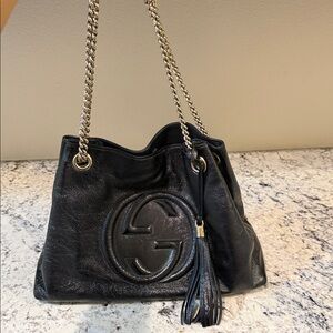 Black Leather Tassel Shoulder  Gucci Bag